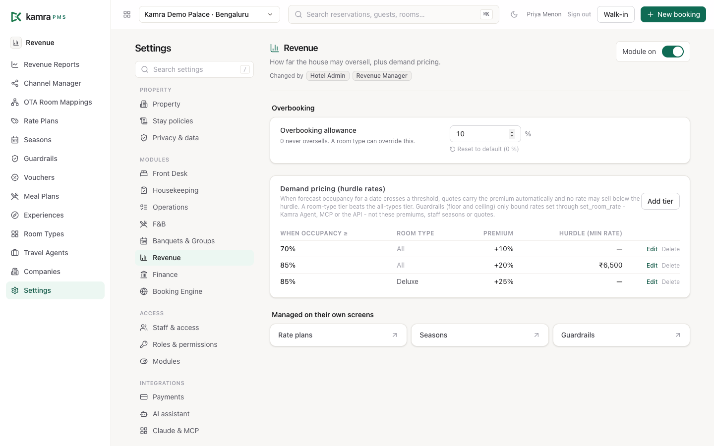 Revenue settings: overbooking allowance and three demand tiers, at 70% (+10%) and 85% (+20%, minimum 6,500) for all room types, and at 85% (+25%) for Deluxe only