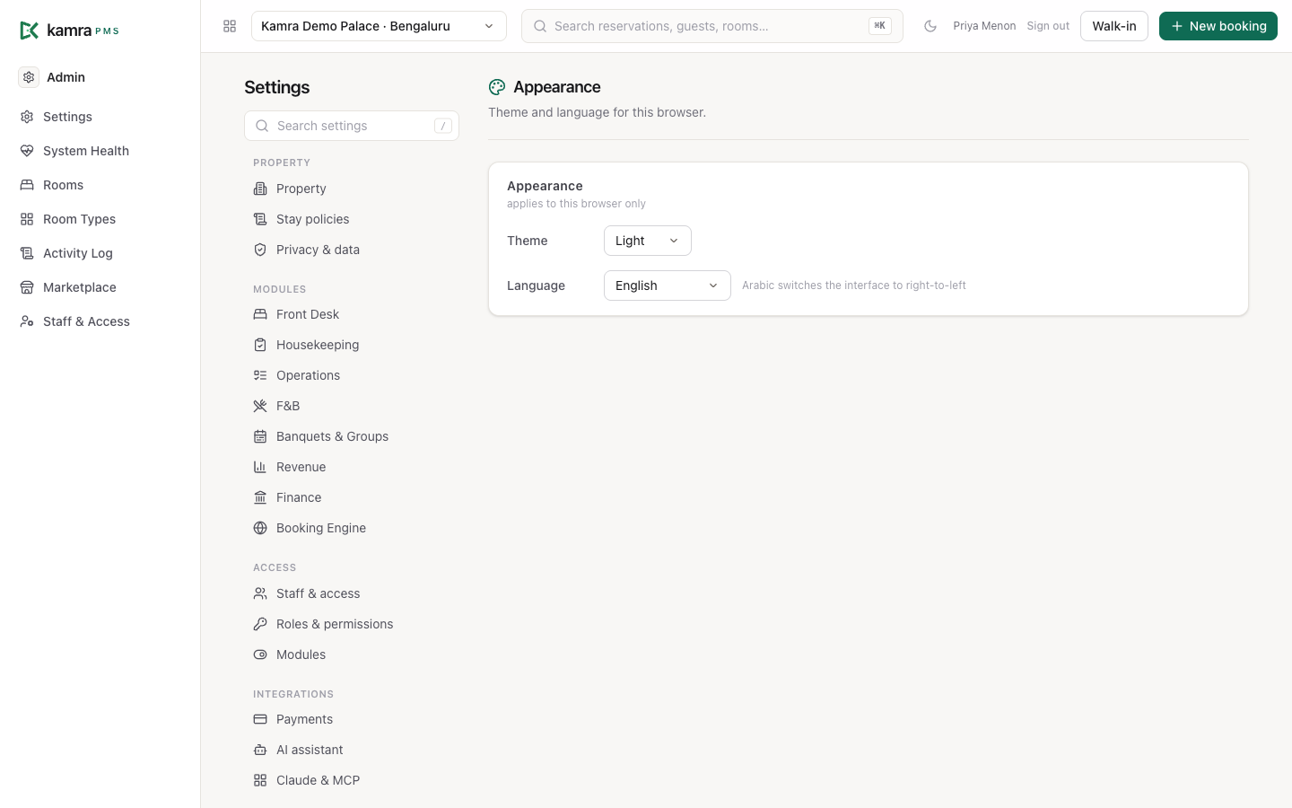 Appearance: theme and language