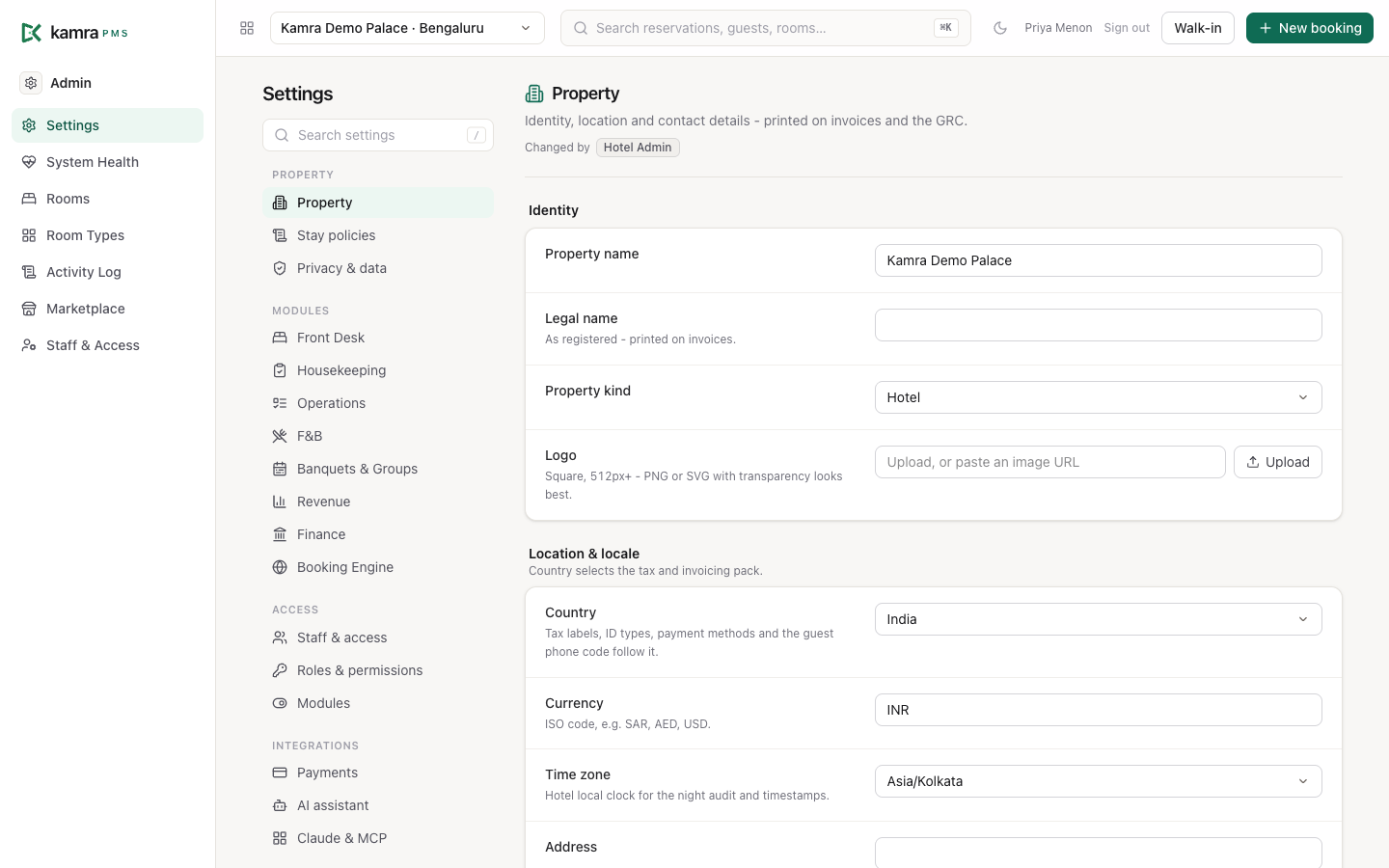 The settings hub: pages grouped as Property, Modules, Access, Integrations and You